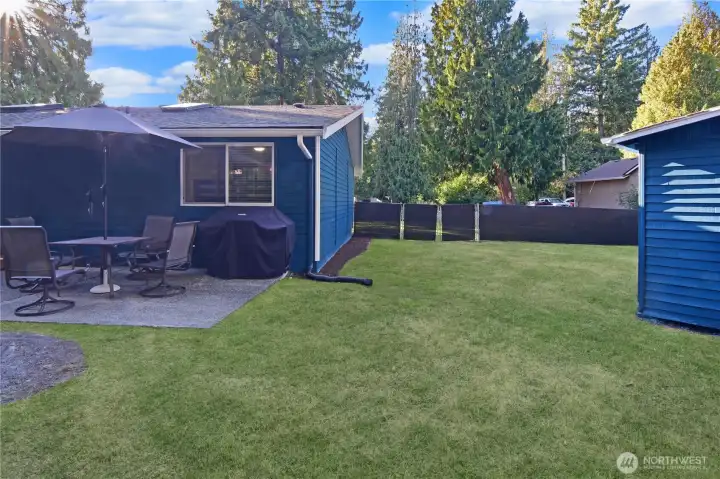 Back of the home with lush lawn, fully fenced backyard, and large storage shed—private outdoor living at this Bonney Lake rambler.