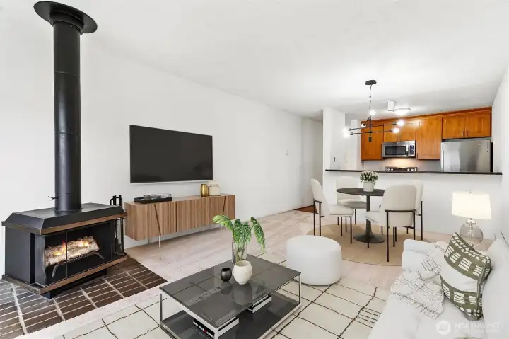 Living area view from patio - Virtually staged