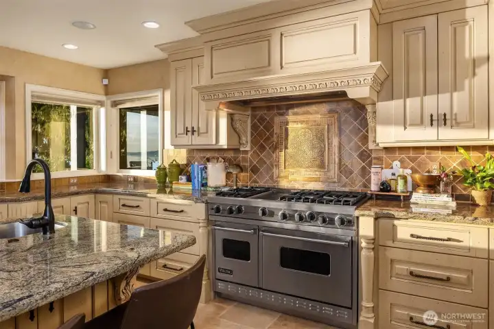 Viking appliances including this fabulous gas range and new built-in microwave added in 2023.