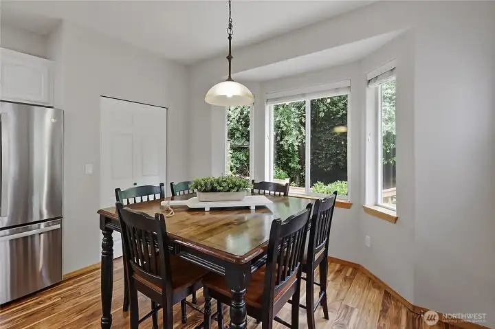 Enjoy your morning coffee in the bright breakfast nook, surrounded by windows that bring the outdoors in. Direct access to the back deck makes indoor-outdoor dining a breeze. Enjoy your morning coffee in the bright breakfast nook, surrounded by windows that bring the outdoors in. Direct access to the back deck makes indoor-outdoor dining a breeze.