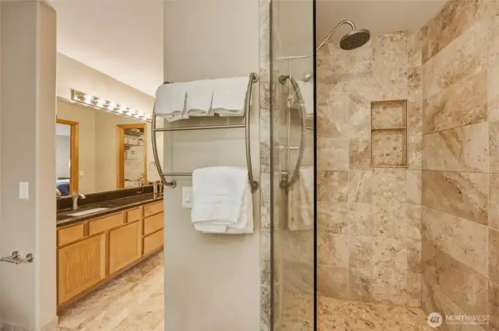 Close up view of this wonderful newly tiled shower. Close up view of this wonderful newly tiled shower.