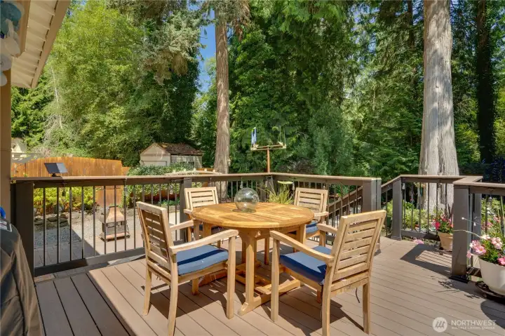 Composite entertaining deck floats among the evergreens — dinner in the treetops. Composite entertaining deck floats among the evergreens — dinner in the treetops.