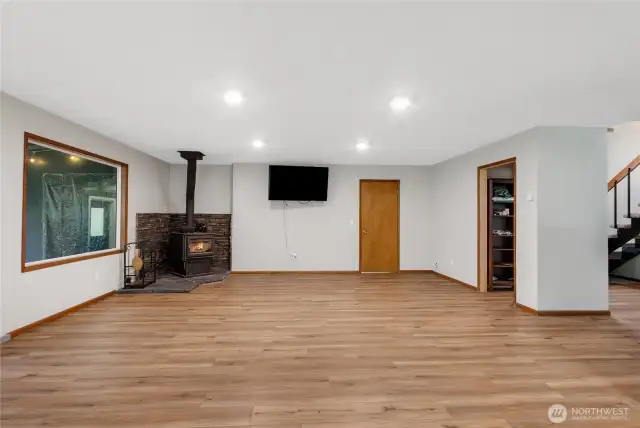 Wood burning stove, main level living room