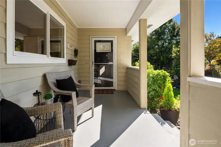 The covered porch is a great place to hang out with western exposure while also keeping guests out of the rain.