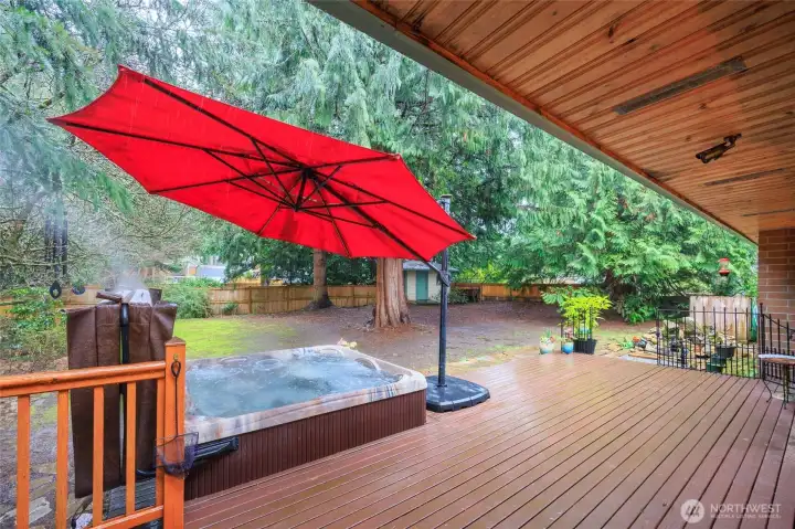 Partiall covered deck w/finished soffits & Hot Tub.