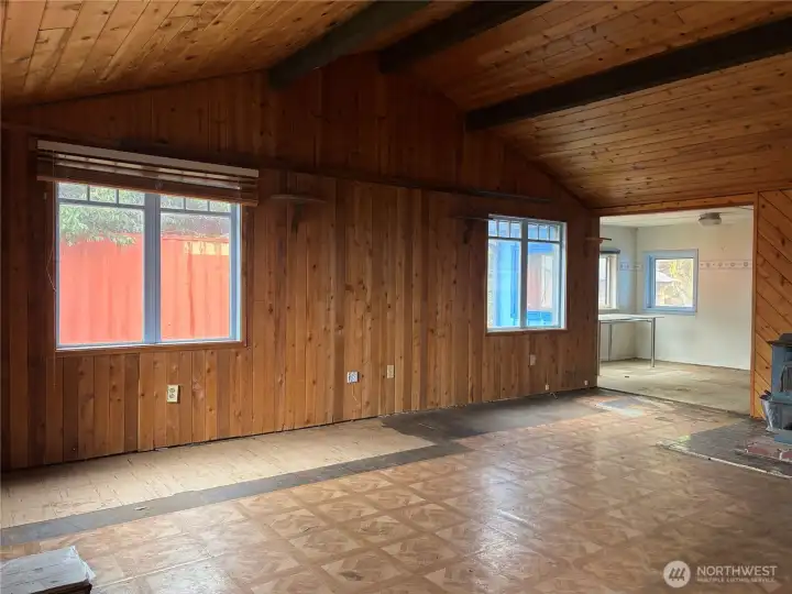 Living room with wood paneling