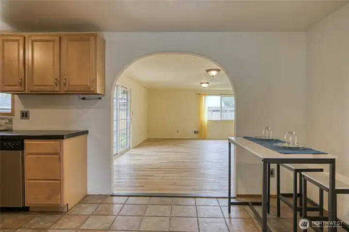 Open connection between the kitchen, dining area, and family room