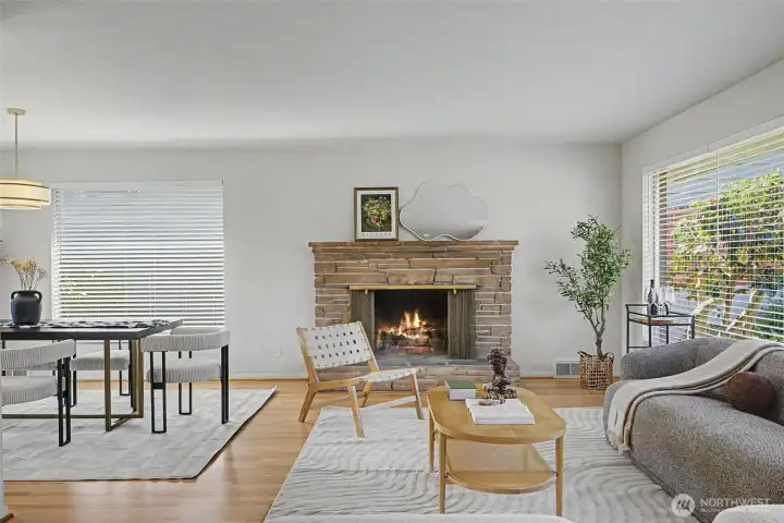 Cozy wood burning fireplace in living room