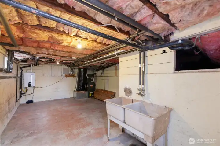 Basement storage, tankless water heater.