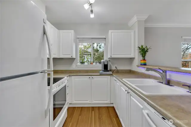 Kitchen includes dishwasher, fridge and microwave.