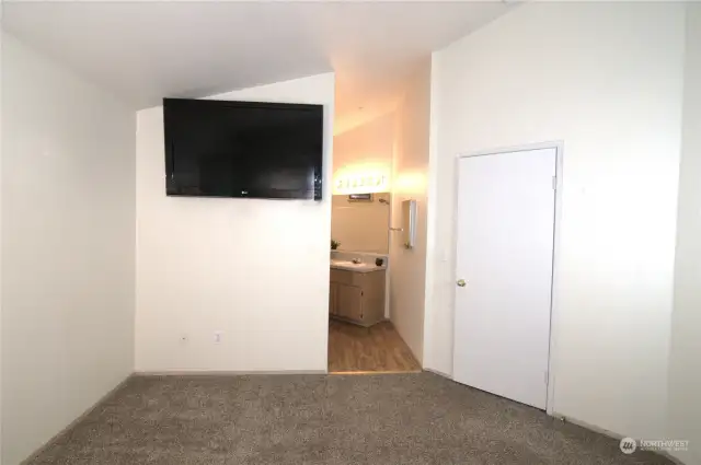 primary bedroom TV and bathroom entrance