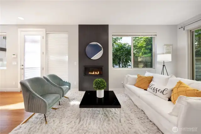 Gas fireplace in the wide and cozy living room