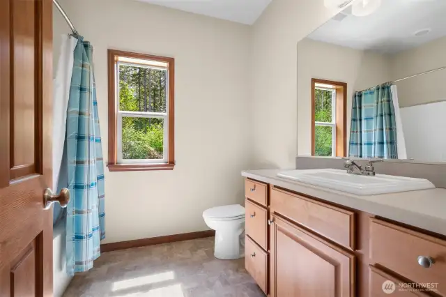 The high ceilings continue in the guest bathroom with shower/tub combo. Vanity storage space with soft-close drawers.