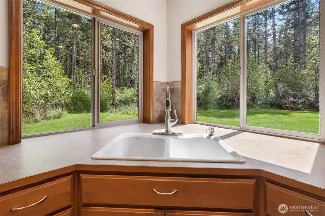 What an incredibly private location! Surrounded by tall evergreens and shrubbery. Double Kitchen sink with gooseneck faucet.