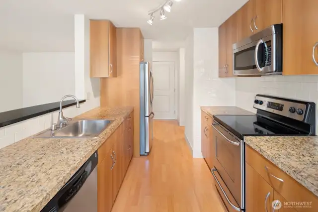 Stainless steel appliances and granite countertops