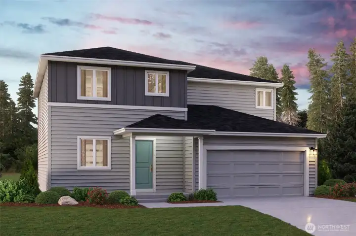 Christy floorplan 2155 sf Elevation B Rendering-Depictions of homes or other features are artist conceptions. Hardscape, landscape, and other items shown may be decoration and not included in the purchase price and availability may vary, not promised. Views may also be altered by subsequent construction, tree growth, and landscaping