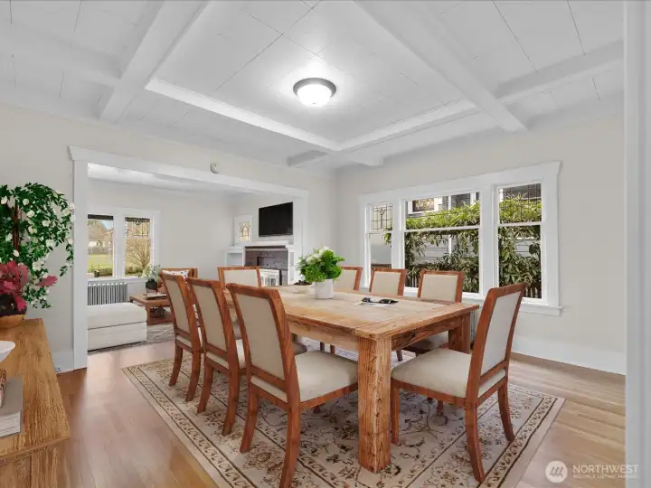 High box beam ceilings in formal dining room.