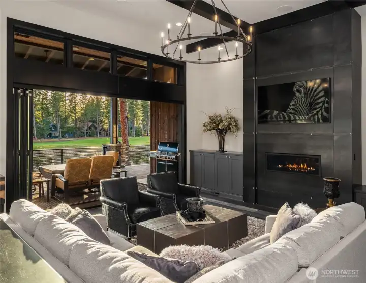 Luxurious interiors, including 7 tvs, surround sound and a gorgeous gas fireplace