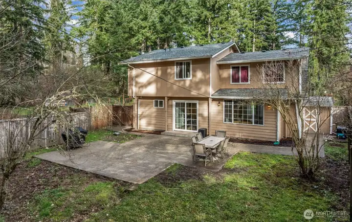 Backyard is fully fenced with large patio.  Enjoy the outdoors!