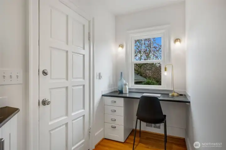 Office desk overlooking the peaceful yard