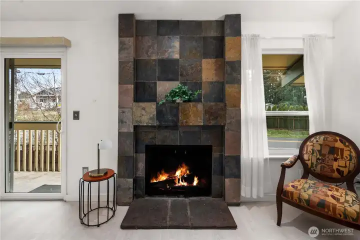 Wood burning fireplace.