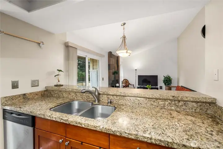 Kitchen looking into dining and living room area.