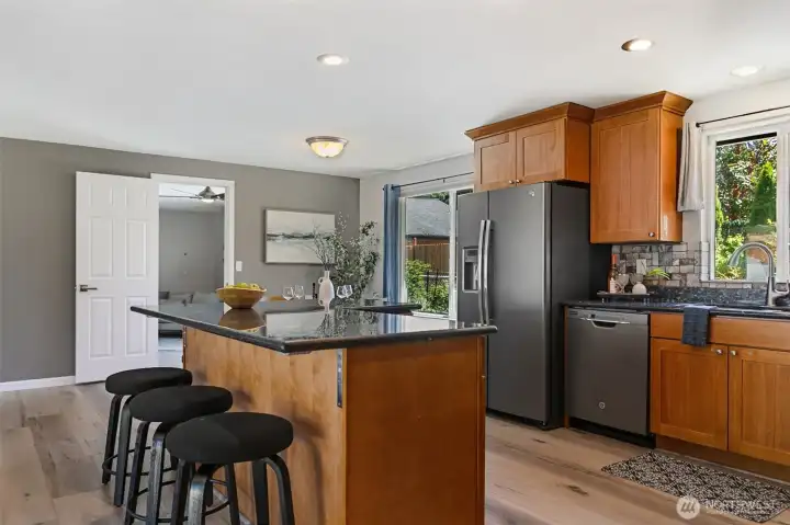 The easy care vinyl plank flooring is throughout most of the main living area and bedrooms. The easy care vinyl plank flooring is throughout most of the main living area and bedrooms.