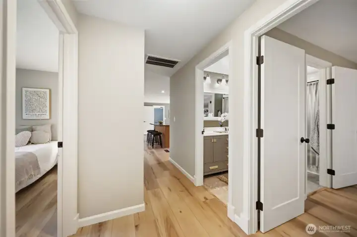 Primary to the right, 1 of 2 secondary bedrooms to the left. Primary to the right, 1 of 2 secondary bedrooms to the left.