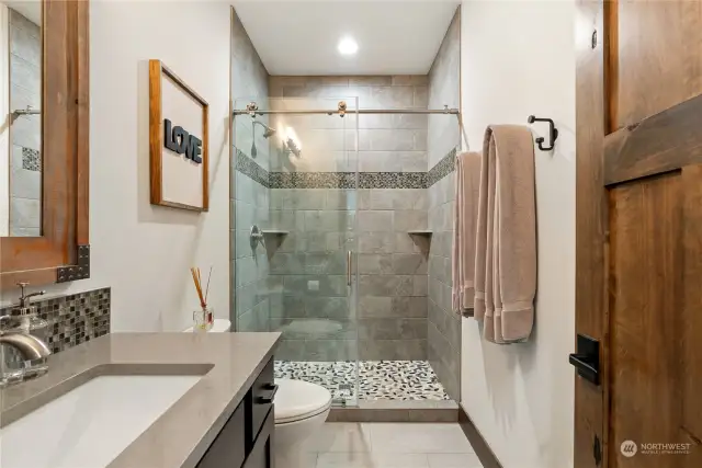 Lower level spa-like bathroom.