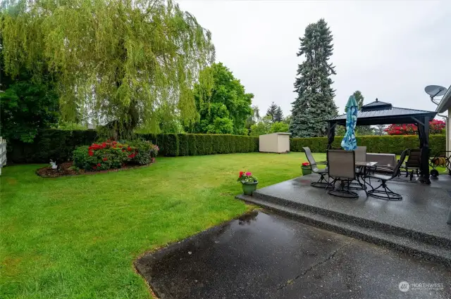 Very well-kept backyard, with a hedge for privacy.