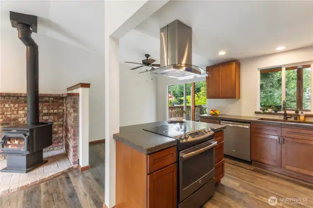 Kitchen leads out to covered deck
