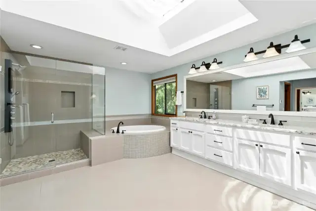 heated tiled floors, walk in shower