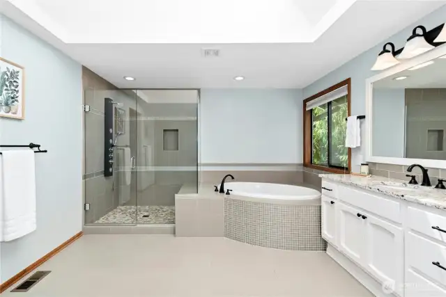 soaking tub, quartz counters, skylight above for max lighting