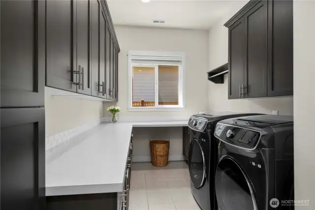 The Smart Space is a combo laundry/craft/mud room conveniently located between the oversized garage and the kitchen.  Tons of counterspace and storage!