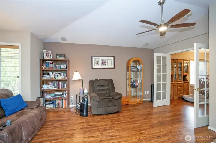 The family room offers a quiet, spacious, and versatile retreat for relaxing or entertaining.