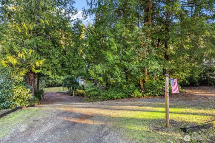 View of property coming in off of Mason Lake Drive East. parking on the upper level to the right is a nice level area. Going down the driveway to the home.