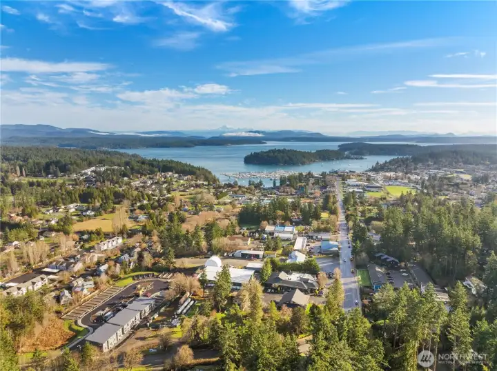 Wide aerial view of Friday Harbor area with marina, surrounding islands, and proximity to town amenities.