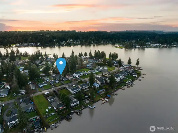 Beautiful aerial view of the Church Lake community at sunset.