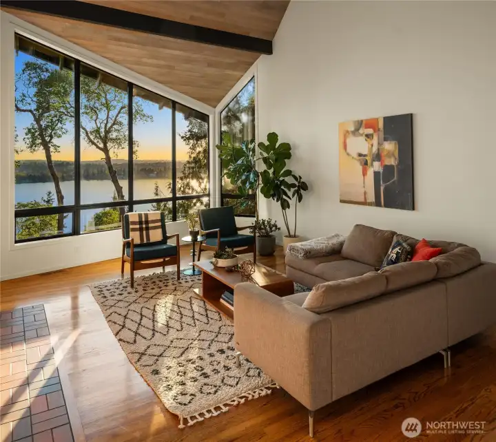 Vaulted, cedar-clad ceilings in the living room. Vaulted, cedar-clad ceilings in the living room.