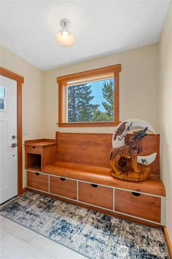 View of custom built in entry seating