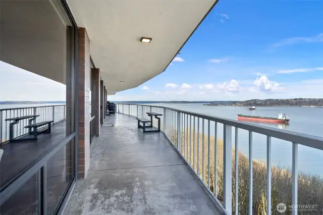 A deck runs the length of the home.