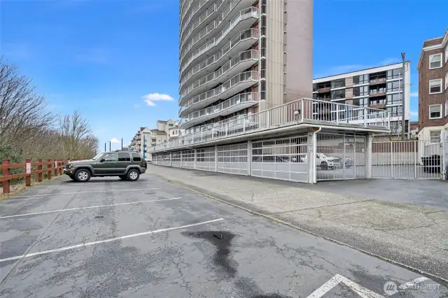 First come, first served secure uncovered parking and additional overflow parking.