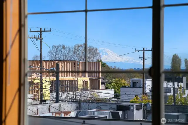 View of Mt. Rainier from the upstairs bedroom window.