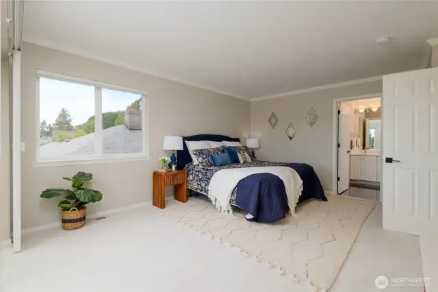 The spacious primary suite offers a serene escape, combining comfort and elegance in every detail. The primary suite is enhanced by plush, soft carpet underfoot, adding an extra layer of warmth and comfort. Every step feels cozy and inviting, making your private retreat even more relaxing and indulgent.