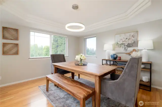 Whether lit by soft daylight or ambient evening lighting, the dining room evokes a sense of timeless beauty—where every gathering feels elevated by the room’s graceful proportions and artful design.