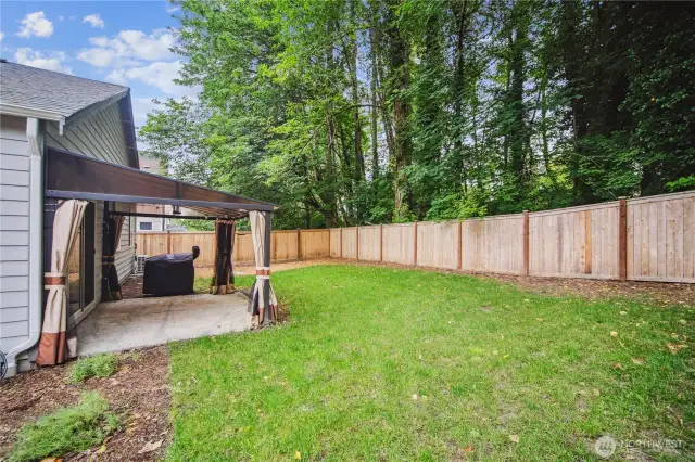 Generous back yard shows nature border / view