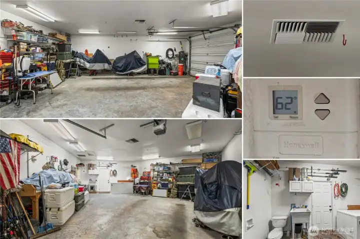The 3 car garage is unique! The third (end) bay is fully insulated, has its own thermostatically controlled forced air heat, and a half bath!! It's walled off from the first two garage bays and also separated by a door inbetween. The back yard can also be accessed from here.