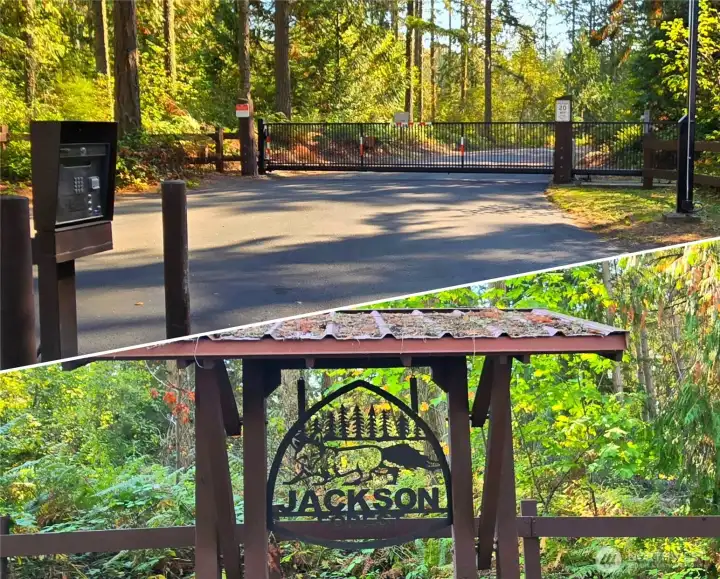 The home is located just inside the gate of the Jackson Forest, within the McKenna Forest Reserve. This gated community is more than 4,100 acres total, comprised of 20 acre parcels, divided into six neighborhoods. The road is paved, as is the driveway of this home.