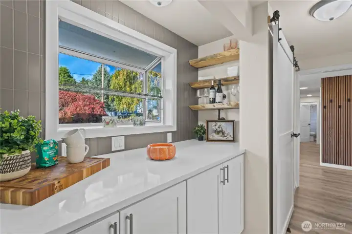 Pantry with built in cupboard, shelves and quartz countertop. Never run out of what you need for the kitchen.