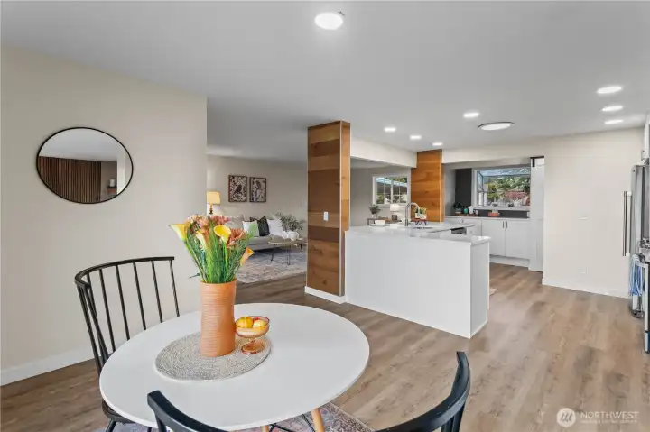 Dining room with reverse view to kitchen